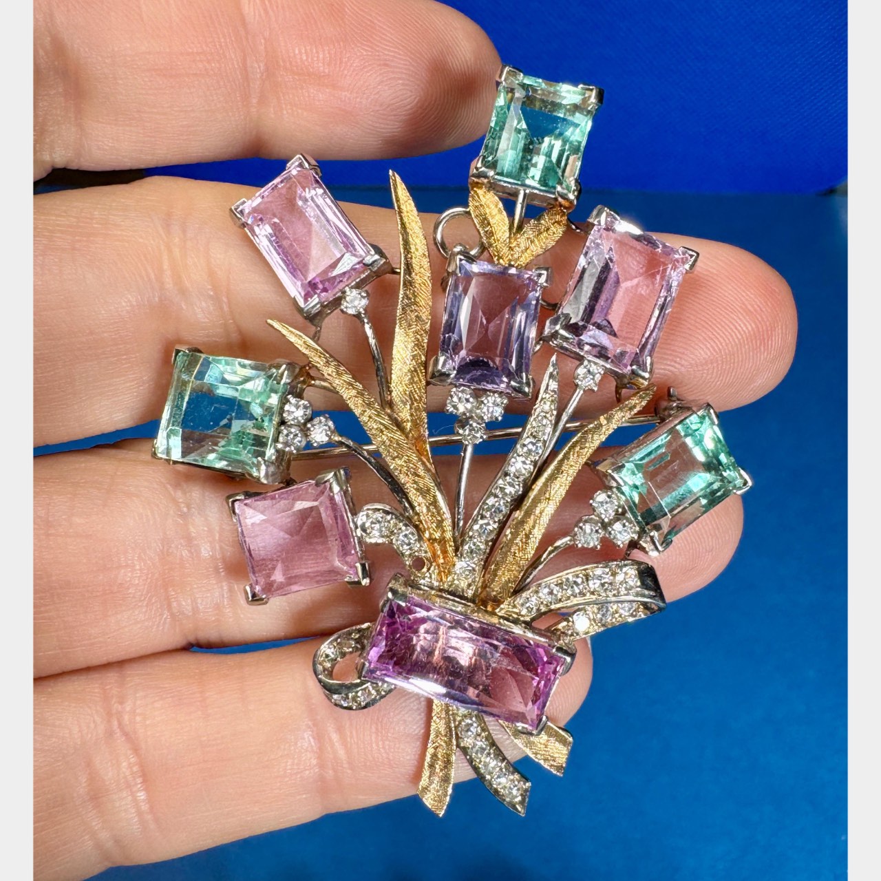 1960’s 14K Yellow Gold Aquamarine, Tourmaline, and Diamond Bouquet Brooch